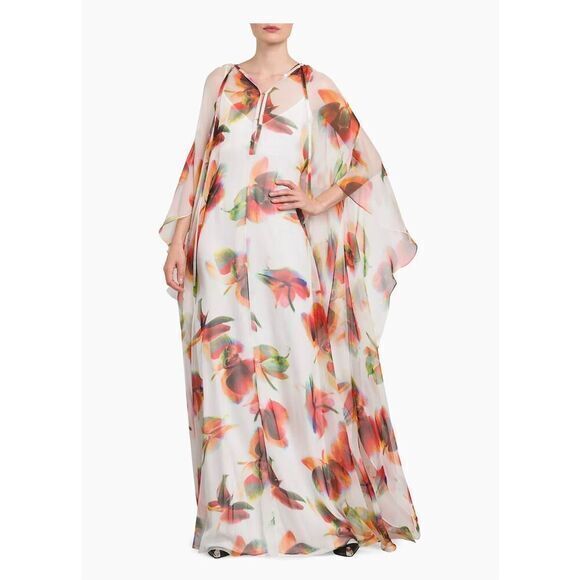 Alexander McQueen Dresses & Skirts - Alexander McQueen Womens Cape Sleeve Sheer Floral-Silk Gown White Sz 4/6
